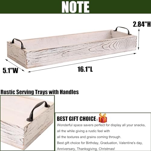 Rustic Wooden Serving Trays Rectangular with Handle,Ottoman Tray for Living Room 16 Inch Long for Serving Wine(whitewashed) - Image 4