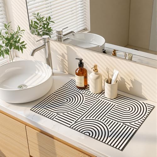 Findosom Geometric Dish Drying Mat, 12" x 20" Absorbent Coffee Mat, Black - Image 6
