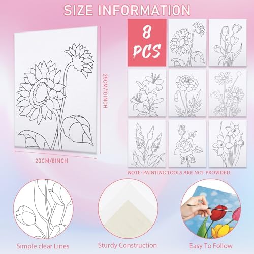 8 Pack Paint and Sip Kit for Adults, Flower Theme Pre Drawn Canvas to Paint Stretched Outline Canvas Art Painting Set Lady Night Party Favor Supplies Gift(8x10) - Image 3