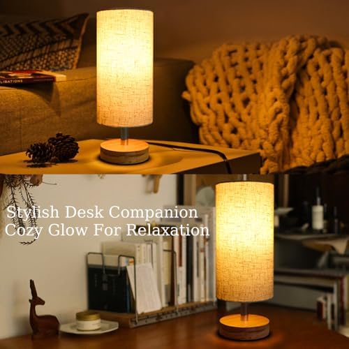 Bedside Table Lamps, Table Lamp for Bedroom, Lamps for Night Stands with Linen Lampshades, Small Table Lamp for Living Room, Office (Bulb Excluded) (Wood) - Image 5