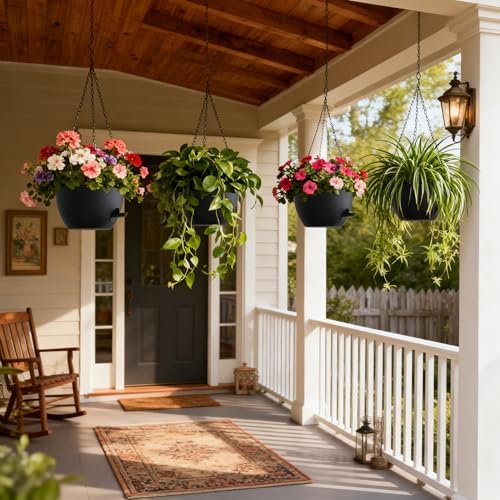 UOUZ 4 Pack 8 Inch Self Watering Hanging Planters for Indoor Outdoor Plants，Hanging Pots for Plants with Drainage Removable Tray, Hanging Baskets Flower Pots for Ivy Pothos Spider Garden Porch Black - Image 2