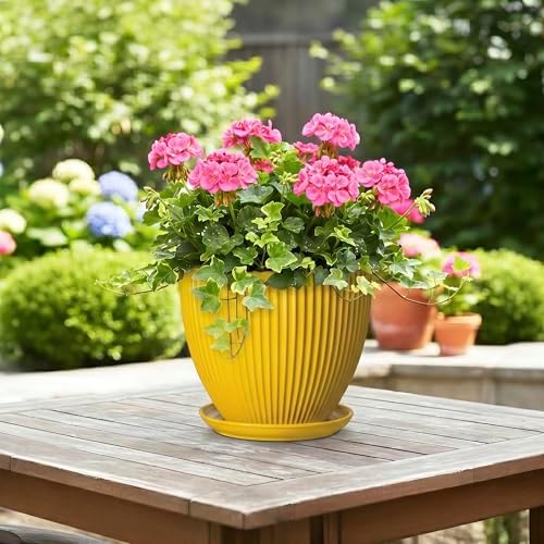 8 Inch Pots for Plants, Ceramic Plant Pots for Indoor Plants, Round Ceramic Planter with Drainage Hole and Saucer, Modern Decorative Plant Pot, Home Kitchen Decor, Women Men Gifts, Yellow - Image 4