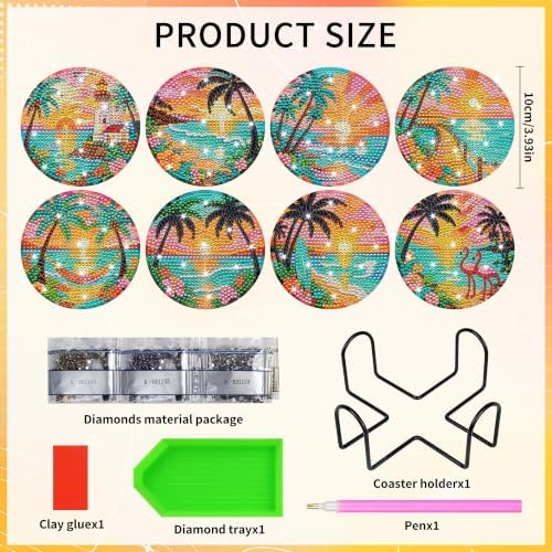 CRASHOT Coquette Beach Diamond Art Coasters Kit with Holder, 8 Pcs - Image 2