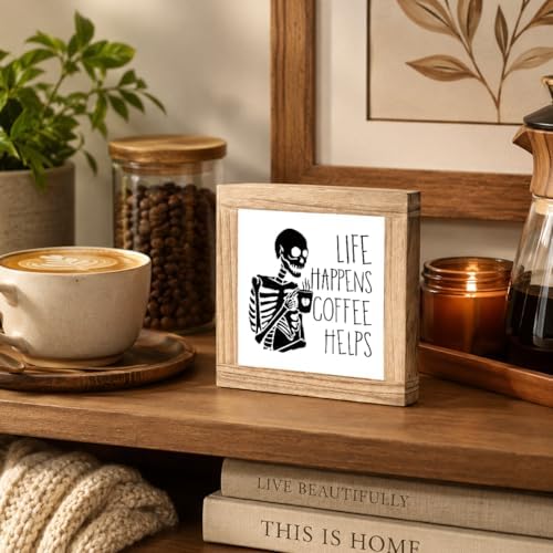 Funny Coffee Skeleton Sign, Life Happens Coffee Helps Wood Plaque, Halloween Kitchen Counter Decor, Gothic Coffees Bar Shelf Accent For Office Desk Cafe Corner, 5.9 x 5.9 in - Image 5