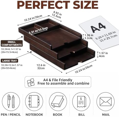 Solid Wood Desk Organizer 3-Tier Stackable Letter Tray Walnut Mail Sorter - Image 3