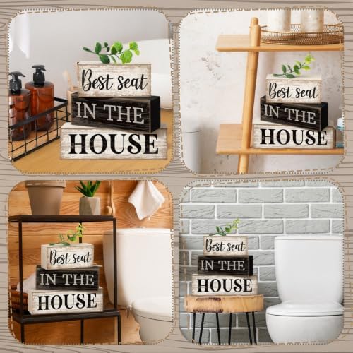 Moucuny 4 Pcs Bathroom Shelf Decor Sign Best Seat In The House Wooden Block - Image 4