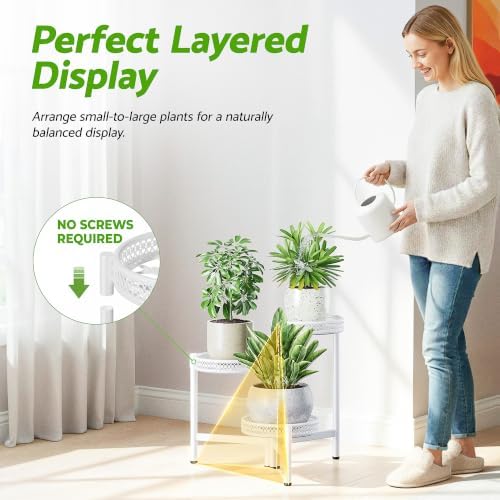3 Tiered Tall Plant Stand Indoor Outdoor, Metral Plant Shelf for Corner Display Rack, Multi-Tier Folding Planter Pot Holder Flower Stand for Living Room Balcony Garden Patio - WhiteWave - Image 6