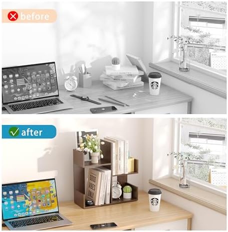 Modern 2-Tier Desk Bookshelf, Short Book Organizer, Display Shelf & Desktop Storage Rack, Space-Saving Desk Bookshelf for Books, Decor & Small Items, Brown - Image 4