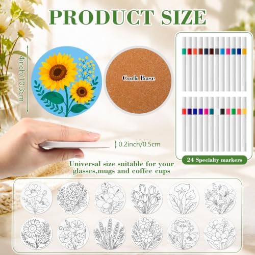 Potchen 12 Pcs Color Your Own Coaster DIY Kits,Botanical Garden - Image 2