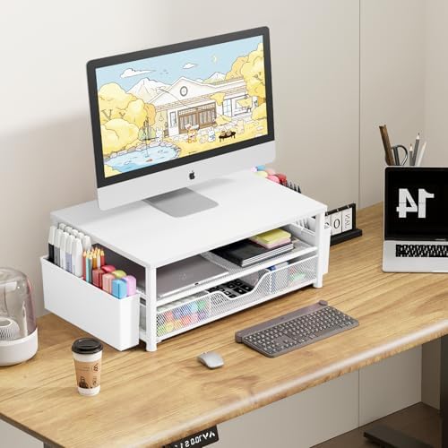 OPNICE Desk Organizers and Accessories, Computer Monitor Stand Riser with Drawer and 2 Pen Holders, Printer & Laptop Stand, Office Desk Accessories & Workspace Organizers for Home Office Supplies, White Wood - Image 3