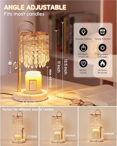Candle Warmer Lamp with Timer Dimmer and 3 Bulbs, Candle Lamp Warmer with Marble Base for Adjustable Height, Crystal Candle Lamp for Jar Candles, House Warming Gifts Home Room Decor, French Gold - Image 2