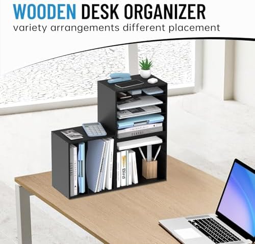 5-Tier Wood Desk Organizer, Paper Tray Organizer for Desk with Adjustable Storage Shelves, Desktop File Organization Paper Sorter Mail Holder for Office Home Classroom, Black (Pack of 2) - Image 2