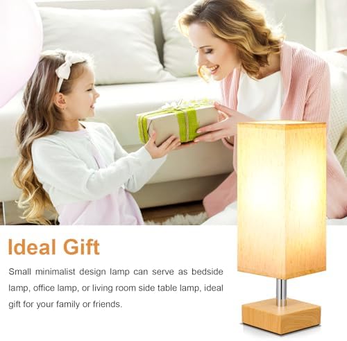 Wood-Grain Small Bedside Lamp for Bedroom - Square Cream Fabric Shade - Image 4