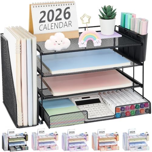 OPNICE Desk Organizer, 4-Tier Desktop File Organizer with Drawer and Pen Holders, Office Desk Accessories, File Sorters, Workspace Organizers for Office Supplies(Black) by OPNICE