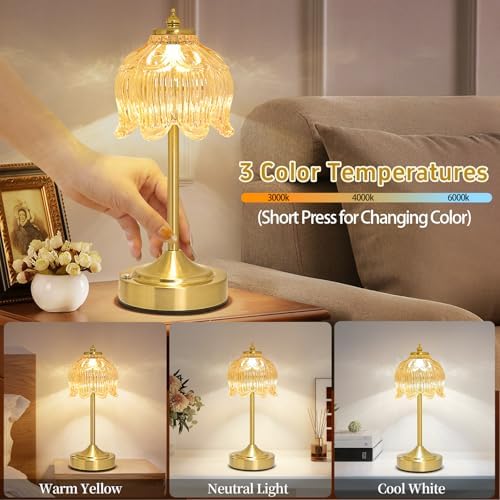 Cordless Table Lamp, Rechargeable Amber Glass Lotus Flower Lamp - Image 3