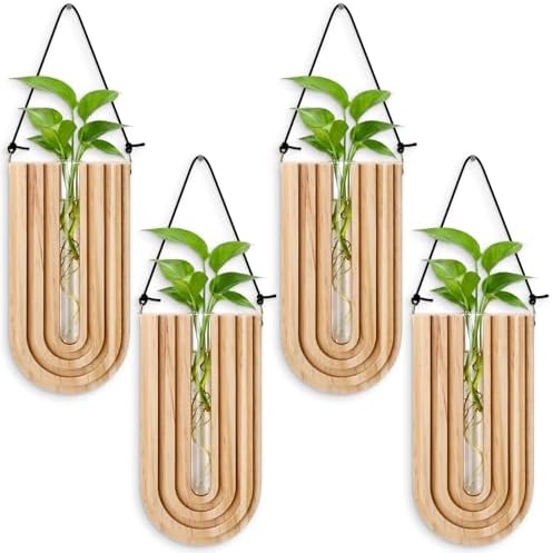 Set of 4 Wooden Wall Planter Vase Hanging Propagation Stations Glass Plant and Flower Vases Wall Plant Holder for Indoor Plants Art Boho Home Room Entryway Hallway Decoration by Unknown