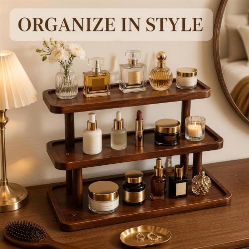 3-Tier Wooden Makeup Organizer, Perfume Stand Organizer with Raised Edge Tray, Multi Layer Wooden Display Storage Stand for Vanity Table Home Decor - Image 5