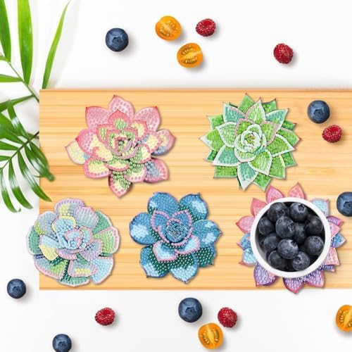 Clendo 8 Pcs Succulent Diamond Art Coasters Kit - DIY 5D Small Diamond Painting Coasters with Holder, Mini Diamonds Arts Kits for Adults Coaster, Gem Art Arts and Crafts for Adults - Image 6