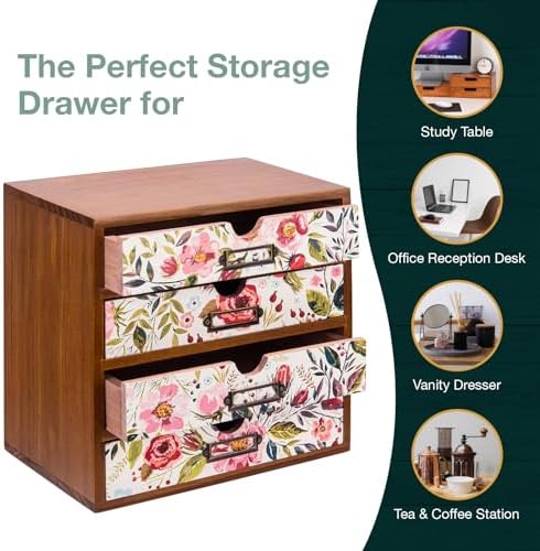 4-Drawer Vintage Desk Wood Storage Box With Drawers in Floral Chintz - Wooden Table Organizer I End Clutter & Dullness, Personalize Your Workspace - Beautiful Flower Design for Office & Home - Image 6