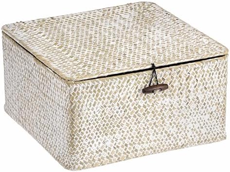 Hipiwe Wicker Shelf Basket Bin Square Handwoven Seagrass Storage Basket with Lid Home Organize Box for Bookshelf Living Room Bath Room Multipurpose Basket Container, Whitewash Large by Hipiwe