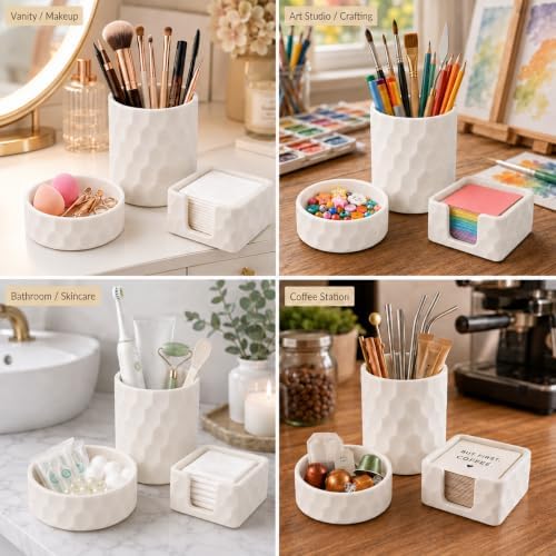 Aesthetic Geometric Silicone Desk Organizer Set of 3,Modern Office Desk Accessories with Round Pen Holder,Paperclip Tray,Sticky Note Holder,Stylish Functional Desk Decor for Home Office(Beige) - Image 6