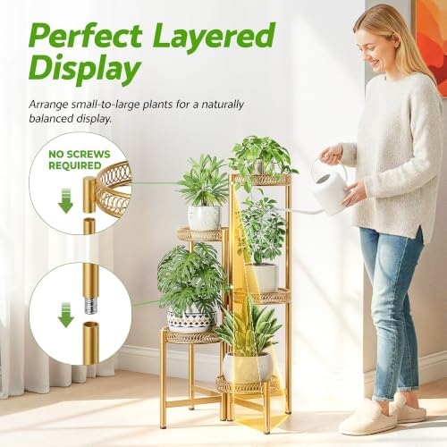 Gold Plant Stand Indoor Outdoor, 5 Tier Corner Flower Display Holder Stand, Folding Tall Plant Rack for Patio Balcony Porch, Heavy Duty Wrought Iron Gold Plant Shelf - GoldFlower - Image 6