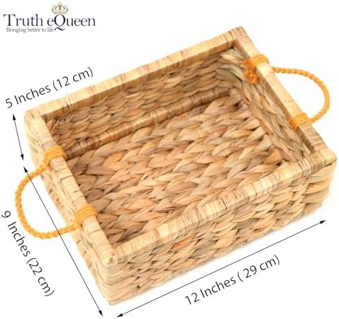 Small Woven Storage Basket with Macrame Handle, 12x9x5 Water Hyacinth Wicker Basket for Blankets, Rectangular Seagrass Basket for Shelf, Bathroom, Nursery, Handwoven Natural Organizer - Image 4