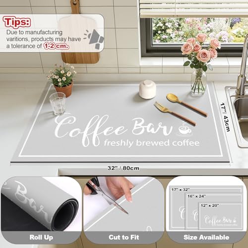 Findosom Dish Drying Mat, 17"x 32" Super Absorbent & Hide Stain Coffee Mat, Cuttable Drying Mat for Kitchen Counter, Coffee Bar Accessories, Under Dish Rack, Coffee Maker, Espresso Machine, LightGrey - Image 2