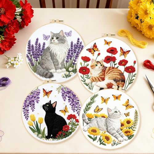 BEUNITONE 4 Set Embroidery Kit for Beginners, Cat and Butterfly Pre-Stamped Pattern Needlepoint Kits for Adults with Hoop and Instruction, Cute Hand Embroidery Patterns for Cloth and Home Decor - Image 6