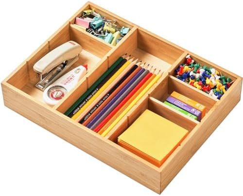 Umilife Bamboo Desk Drawer Organizer, Wood Junk Organizer Tray with Adjustable Dividers, Anti-Skip Storage Organization in Office Bathroom Drawer for Vanity, Makeup, 12" x 9" by Umilife