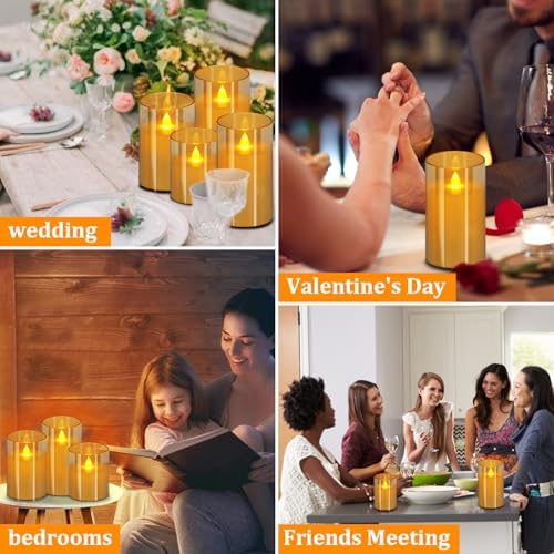 wemarry Flameless Candles 4" 5" 6" Acrylic Glass Pillars 3" Diameter Battery Operated Flickering Candles Include 8-Key Remote with Timer Function 400+ Hours (Amber, Warm Light 6 Pack) - Image 4