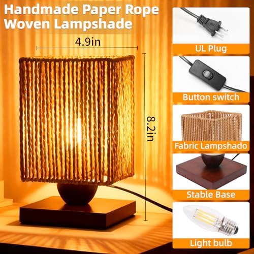 Handmade Small Rattan Lamp for Bedroom,Boho LED Desk Lamp for Living Room,Woven Bedside Night Light Lamp for Nightstands,Farmhouse Wicker Bamboo Table Lamp for Room Office Decor(LED Bulb Included) - Image 6