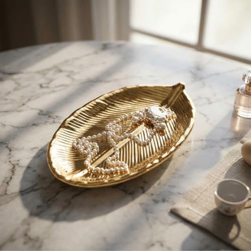 Gold Leaf Ceramic Jewelry Tray, Leaf Shaped Ring Catchall Tray 5.83 x 3.54 x 0.75 in for Bathroom Nightstand Decor - Image 2