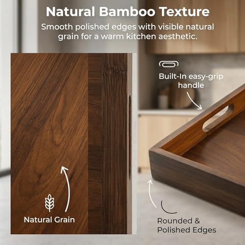 Acacia Wood Serving Tray with Handles, 17"x12" Large Rectangular Decorative Wooden Tray, Coffee Table Tray for Breakfast, Drinks, Snacks in Bed, Decorative Wooden Tray for Home - Image 2