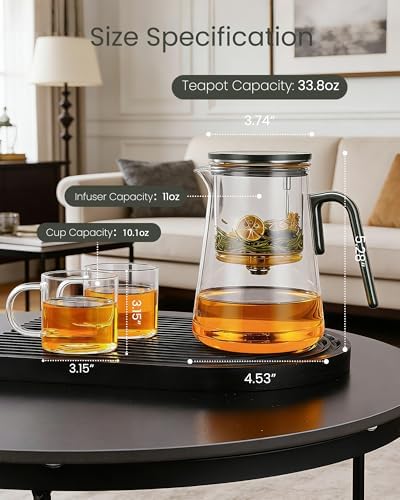 ZENS Magnetic Glass Infuser Teapot with 2 Cups for Loose Tea Steeper, 34oz - Image 2