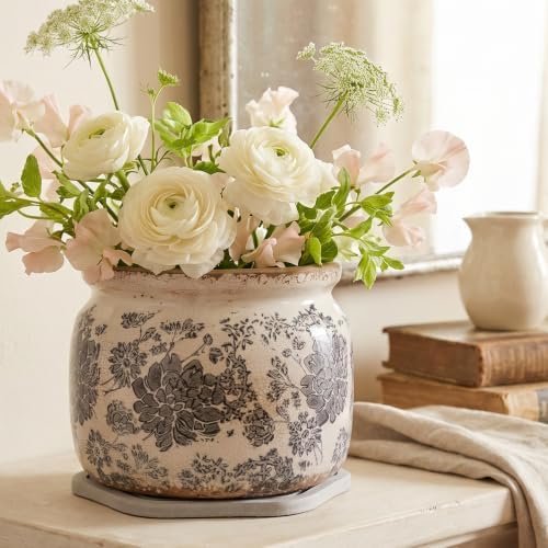 Rustic Ceramic Plant Pot with Decorative Saucer, Gifts for Plant Lovers - Image 2