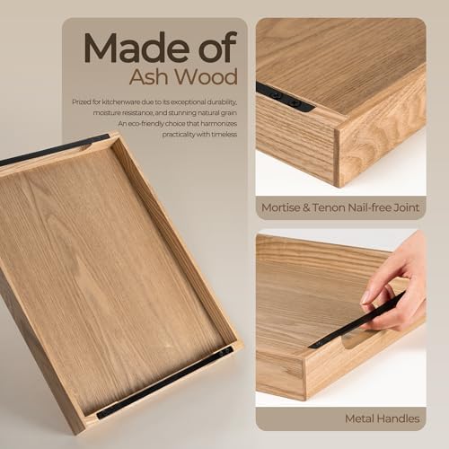 Axeman Wooden Serving Tray with Metal Handles|Ottoman Tray for Breakfast, Bed, Couch|17x13in Ash Wood Coffee Table Trays|Food Drinks Decorative Storage Boards for Ottoman Kitchen, Natural - Image 3