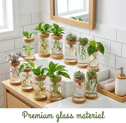 16 Pcs Propagation Vases with Bamboo Stand and Hole Lid, Glass Plant Propagation for Plants Water Hydroponic Desktop Office Home Vase Decoration(Classic Style) - Image 2