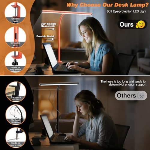 Airlonv LED Desk Lamp with Clamp, 17" Stepless Dimming Light, Orange - Image 4