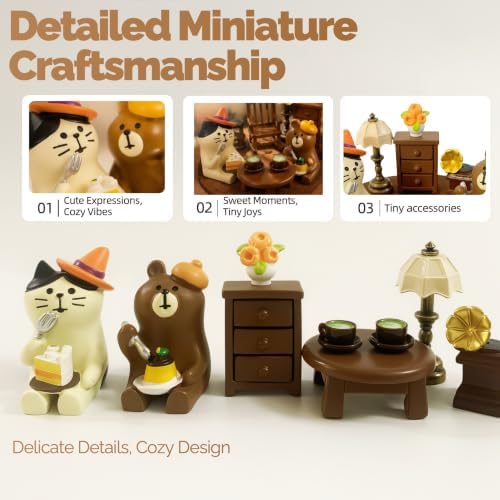Miniature Animal Desk Decor Set, Cat & Bear Tea Party Scene Figurine - Image 3