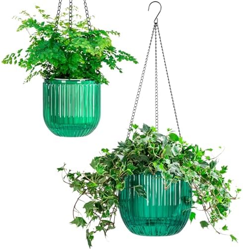 Melphoe 2 Pack Self Watering Hanging Planters Indoor Flower Pots, 5.3/8.3 Inch Outdoor Hanging Basket, Plant Hanger with 3Hooks Drainage Holes for Garden Home (Emerald) by Melphoe