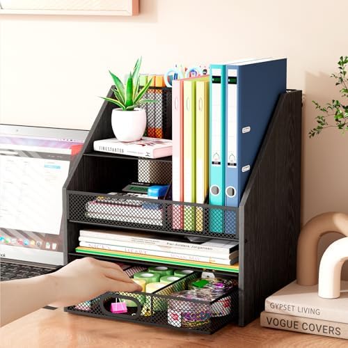 Homsorout Wooden Desk Organizer - Mesh File Organizer with Drawers and Pen Holder - 4-Tier Vertical Paper Letter Storage Tray, Desktop Organizers and Accessories for Home Office (Black - Image 2