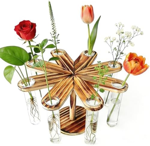 Plant Terrarium Propagation Stations, Clear Glass Flower Vases, Wooden Stand Retro, Hydroponics for Home Office Decoration, Dining Table Centerpiece - 8 Glass Tubes Vases by Wanukir