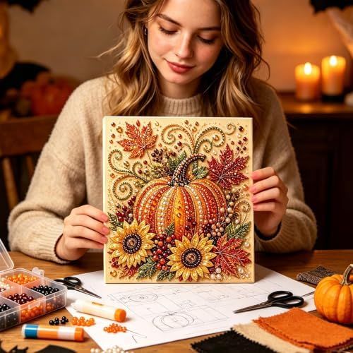 Autumn Pearl Painting Kit,Cute 5D Pumpkin Pearl Painting Crafts for Adults DIY,Fall Pearl Diamond Art Kit for Ideal Halloween Home Wall Decor, Perfect Spooky Crafts Gift for Adult - Image 3