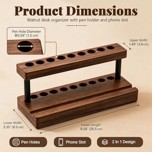 Pencil & Pen Holder for Desk, Solid Walnut Pen Display Stand with 9 Slots and Cell Phone Holder, Aesthetic Pen Organizer for Minimalist Office Desk Decor - Image 4