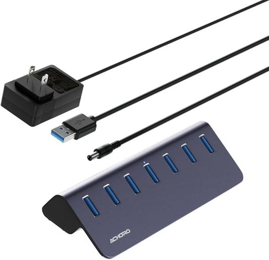 Achoro 7 Ports Powered USB HUB – 2nd Generation 10GB Super Speed External Ports – USB 3.2 Aluminium USB for Computer, Mac, PCs, Smartphone & Tablets – Computer Multiple USB A & C Hub