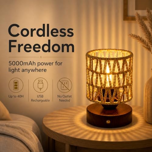Cordless Operated Rattan Lamp, 5000mAh Rechargeable Dimmable Handwoven Open Weave Drum Table Lamp with Edison Bulb, Boho Nightstand Light for Bedroom Home Decor - Image 2