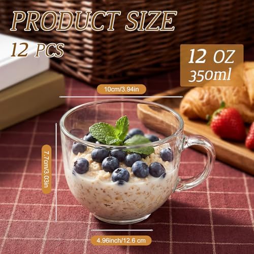 12 Pack Glass Coffee Mugs with Handles, 12 Ounces Glass Breakfast Mugs Bulk, Clear Tea Cups for Hot/cold Drinks, Glassware Set for Americano, Latte, Cappuccino(Simple) - Image 2