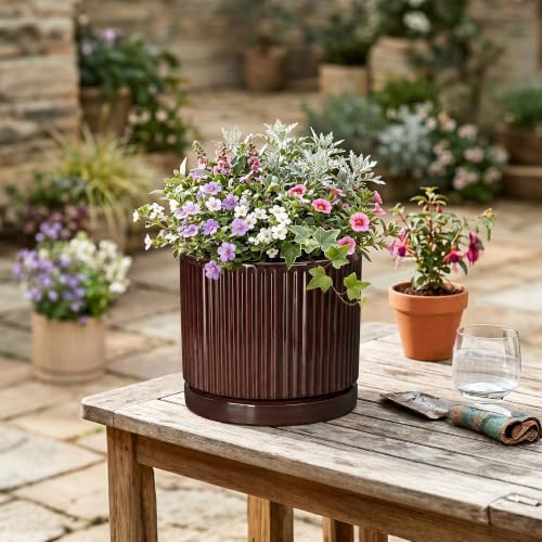 8 Inch Ceramic Flower Pots, Round Planter with Saucer, Brown - Image 4