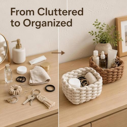 Woven Baskets 2 Pcs White and Brown, Small Storage Basket & Basket Organizer, Decorative Basket for Home, Countertop Cosmetics Toys Wardrobe Living Room Bedroom Desktop Storage and Decoration - Image 6
